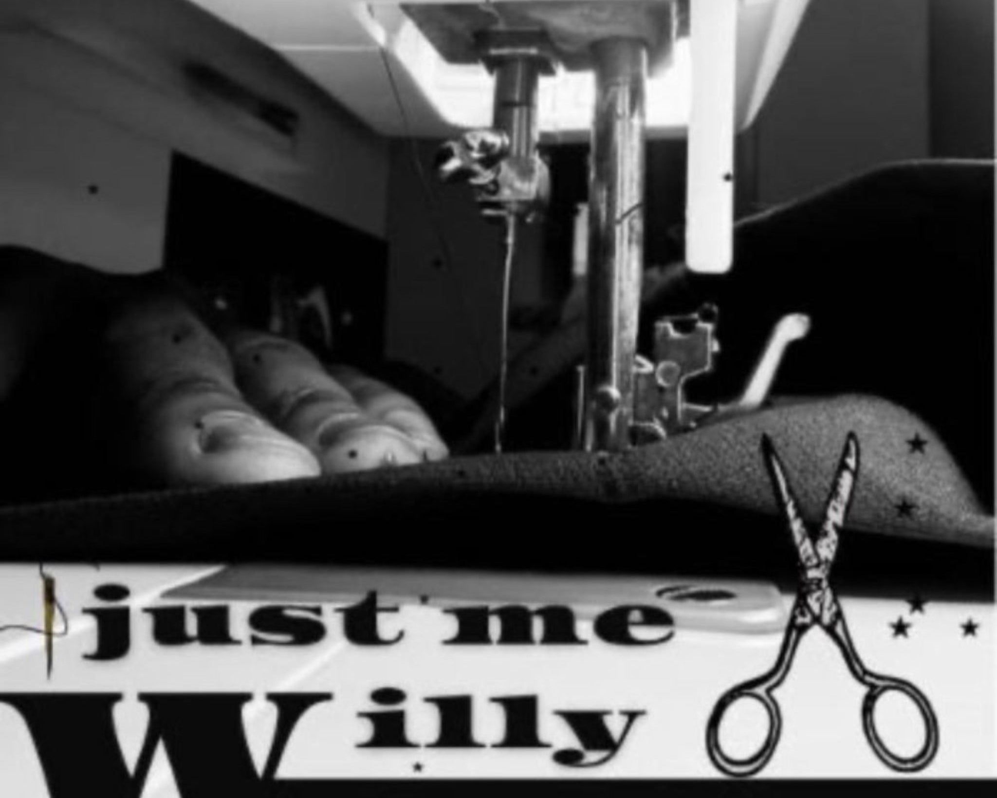 Close-up of a sewing machine with a pair of scissors and text 'just me Willy' on a black background.