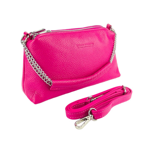 RB1025BE | Women's Handbag with Double Zipper in Genuine Leather Made in Italy. Adjustable leather shoulder strap. Polished Nickel Accessories - Fuchsia Color - Dimensions: 26 x 14 x 9 cm-0