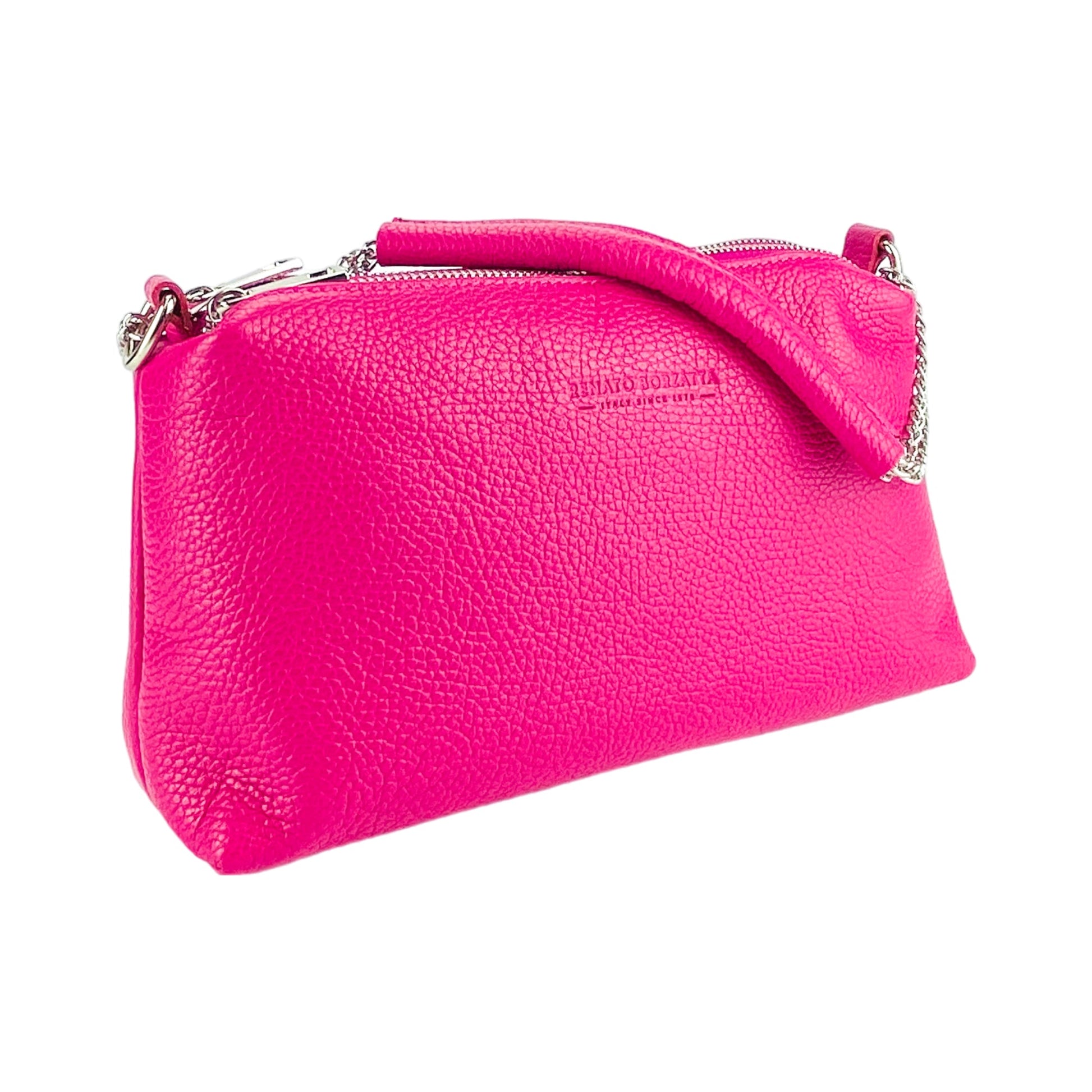 RB1025BE | Women's Handbag with Double Zipper in Genuine Leather Made in Italy. Adjustable leather shoulder strap. Polished Nickel Accessories - Fuchsia Color - Dimensions: 26 x 14 x 9 cm-1