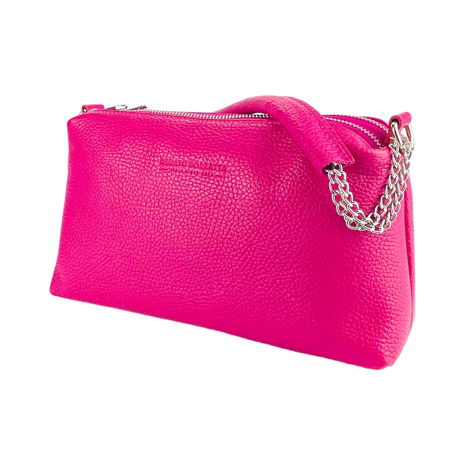 RB1025BE | Women's Handbag with Double Zipper in Genuine Leather Made in Italy. Adjustable leather shoulder strap. Polished Nickel Accessories - Fuchsia Color - Dimensions: 26 x 14 x 9 cm-2