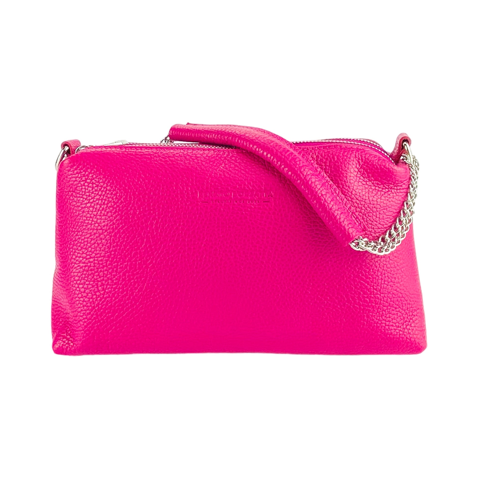 RB1025BE | Women's Handbag with Double Zipper in Genuine Leather Made in Italy. Adjustable leather shoulder strap. Polished Nickel Accessories - Fuchsia Color - Dimensions: 26 x 14 x 9 cm-3